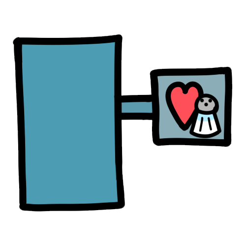 A drawing of a large blue rectangle connected to a small blue square. The square has a red cartoon heart and a salt shaker inside.